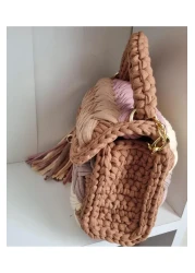 CHQEL Women's Brown Beige Cream Tone Pistachio Model Handmade Crochet Combed Cotton Thread Bag & Hand, Shoulder and Cross