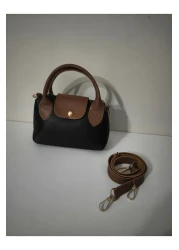 Home Women's Bag Faux Leather Handle Medium Size Hand and Shoulder Bag Black-Tan 23cm Length: 15cm