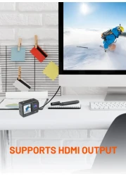 كاميرا Porodo Lifestyle بدقة 4K و30 إطار/ث، زاوية رؤية 120°، صور 16 ميجابكسل، شاشتين، مقاومة للماء، بطارية 900 مللي أمبير، دعم WiFi، شاشة عرض متعددة، متوفرة باللون الأسود.