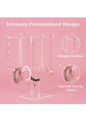 Jewelry Stand Necklace Holder Acrylic Jewelry Display Holder Necklace and Bracelet Hanging Organizer Clear 2Tier Tower Stand for Bangles Necklaces Bracelets Rings Earrings and Watch