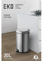 EKO 20L Pedal Bin Serene - Silver Large Capacity Step Round Bin with Soft-Close Lid Fingerprint-Resistant Finish Removable Inner Liner Bag Stabilizer