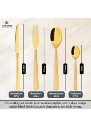 Life Smile 24 Pieces Cutlery Set Service for 6 person,Pure Stainless Steel Flatware Set,Mirror Polished Cutlery Utensil Set Include Spoon/Fork/Knife/Tea Spoon(SHINE GOLD &amp; SAND BLASTING HANDLE)