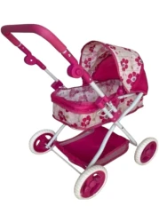 UKR Doll Stroller Canopy Pink for Girls Foldable Girl Pretend Play Toy Dolls Pram with Adjustable Handle Floral Canopy with Storage Basket.