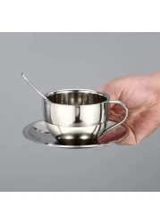 Liying 2Pcs Insulated Espresso Cup Stainless Steel Coffee Mugs Set (180ml), Double Walled Coffee Cup with Saucer and Spoon, Espresso Latte Cappuccino Milk Tea Cup
