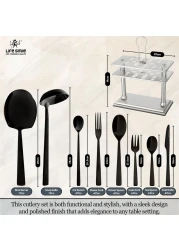 LIFE SMILE Cutlery Set, 18/10 Pure Stainless Steel Flatware Set with Stand, Rust Proof &amp; Fade Proof Dinnerware Set (SHINE BLACK, 38 Pieces)