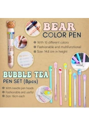 Primo Lines Kawaii Pencil Case and Complete 61 PCS Pink Stationary Set with Pop Up Cute Boba Case 8 Pens 50 Bubble Tea Stickers Multi Color Pen For School Supplies