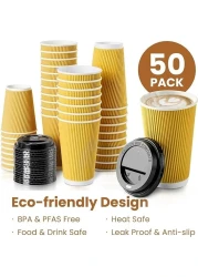 YESOCEA [50 Set] 12 oz. Kraft Disposable Coffee Cups With Lids - Triple Wall Ripple Brown Hot Paper Cups for Tea, Drinks To-Go