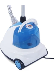 مكواة بخار للملابس سعة ١.٤ لتر، مزودة بفوهة من الفولاذ المقاوم للصدأ، وخرطوم مقاوم للحرارة وصمام مانع للتسرب، بقوة ١٧٠٠ واط لإزالة التجاعيد بسرعة - أبيض وأزرق