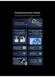 Projector 1080P Home Theater Android 9.0 with WIFI 6 BT Networks Support 4K Decoding 100in Display Same Screen Technique Movie Projector Auto Focus Keystone Function Built-in.