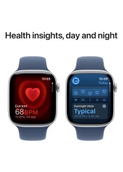 ساعة ابل سيريس 10 جي بي اس 42 ملم هيكل من الألومنيوم الفضي مع حزام رياضي من قماش أزرق - متوسطة / كبيرة