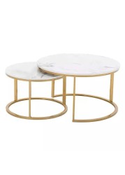 Wooden Twist Modern Designer Marble Top Metal Frame Round Coffee Table (Set of 2)