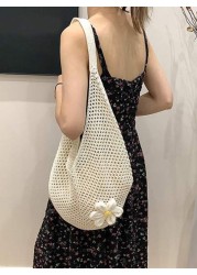Yogodlns Hollow Out Weave Bag Bohemian Style Beach Handbag Hollow Tote Bag Large Capacity Slouchy Style Beach Bag Shopping Women Casual Beach Bag Large Capacity Crochet Flower Tote Bag Fashion Tote Ha