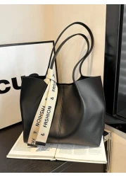 حقيبة كتف نسائية متعددة الاستخدامات ذات لون واحد، حقيبة كتف سعة كبيرة من جلد البولي يوريثان بديكور وشاح حريري