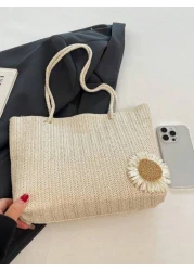 حقيبة تسوق كبيرة السعة منسوجة من القش اللون الصلب ، للنساء ، بأسلوب بوهيمي جميل به زخرفة زهرة اللوتس الصغيرة ،