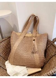 1 Pc Fashionable New Casual Summer Holiday Style Large Capacity Portable Solid Color Grass Woven Zipper Tote Bag With Wooden Bead Tassel Pendant Women s Beach Bag Suitable For Outdoor Leisure Vacation