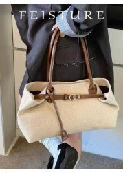 FEISTURE 1 Piece Summer Straw Woven Handbag Beach Bag By The Sea Large Capacity Belt Buckle Design Tote Bag Magnetic Buckle Closed Suitable For Girls Ladies College Students Newcomers And White Collar