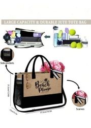 Beach Themed Beach Tote Bag Set For Women Printed With Artistic Letters Beach Beach And Coconut Tree Pattern Large Capacity Handbag And Two Makeup Bags