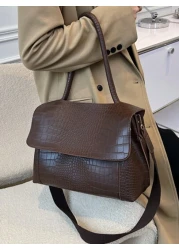 Large Capacity Vintage Casual Tote Bag For Women With Multi Layered Compartments Crocodile Embossed Flap Cover Adjustable Shoulder Strap Suitable For Commuting And Outdoor Travel Autumn Retro Inspired