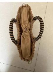 Tropiscape حقيبة قش بتصميم فارغ، حقيبة يد نصف دائرية مضفورة باليد، مناسبة للشاطئ والإجازات والاستخدام اليومي والس