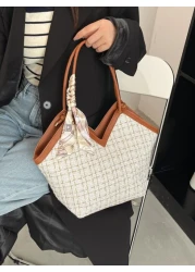 Bow Decor Lightweight Portable Casual Fashion Plaid Pattern Skinny Scarf Decor Tweed Shoulder Tote Bag For Girls Women College Students Rookies White Collar Workers For Fall Winter Essential For Work