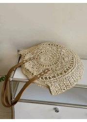 Yogodlns Hollow Out Summer Round Bags For Women Rattan Shoulder Bag Girls Handmade Woven Handbags Female Large Summer Perfect For Vacation Holiday School Bag Large Capacity Portable Classic Casual For