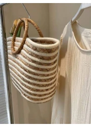 حقيبة قش كبيرة السعة ذات استخدام متعدد للنساء بمقبض دائري مخطط، حقيبة تسوق وشاطئ مناسبة للعطلات والسفر