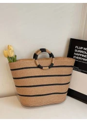 حقيبة كبيرة السعة منسوجة من القش، حقيبة يد عصرية متعددة الاستخدامات للنساء، حقيبة تسوق ذات نمط مخطط، حقيبة يد