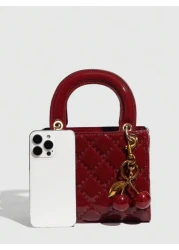 1pc PU Leather Handbag Wine Red Bag Versatile Patent Leather Quilted Tote Bag Structured Small Bag Fashionable Shoulder Crossbody Bag Geometric Pattern Purse