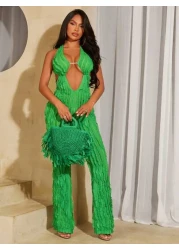 SHEIN SXY Ladies Women Top Handle Bags Straw Bag Tassel Fashionable Elegant Simple Personality For Beach Vacation Holiday Summer Seaside Green