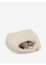 1pc Women Retro Minimalist Casual Imitation Knitting Angora Deer Velvet Leopard Print Bohemian Hippie Hollow Crocheted Woven Artificial Leather One Shoulder Armpit Baguette Bag Suitable For Outing Dat