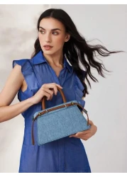 MOTF PREMIUM CONTRAST BUCKLE DETAIL DENIM EFFECT PRINT TOP HANDLE BAG