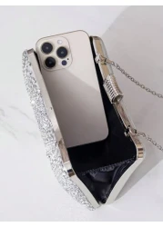 حقيبة يد مسائية مرصعة بالراين ستون، حقيبة كتف وحقيبة جسم مع سلسلة للنساء، محفظة حفلات صغيرة مربعة، حقيبة مرصع