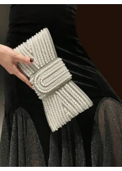 حقيبة مسائية ذو مقاس كبير عالية الجودة، من الدرجة A، مزينة بفيونكة من الراين واللؤلؤ الصناعي والكريستال اللام