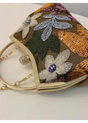 حقيبة يد مستوحاة من الانتيكا مزينة بالأزهار المطرزة من التل والترتر، جيد للحفلات الراقية والخروج في المساء. م