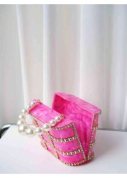1pc Rose Pink Marble Texture Rhinestoned Pearl Party Clutch Bag With Chain Strap Luxury Evening Bag Suitable For Wedding Gala