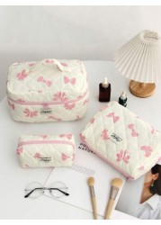 1Piece Bow Travel Toiletry Bag With Handle Quilted Fabric Large Capacity Women Handle Cosmetic Bag Cosmetic Brushes Storage Make Up Organizer Travel Skincare Makeup Pouch For For Bathroom For College