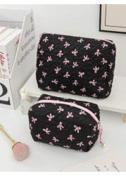 Floral Bow Decor Makeup Bag Fabric Print Zipper Pouch Sweet Style Toiletry Bag Cosmetic Bag For Home Travel Daily Use Women Makeup Organizer Makeup Storage Bag Mini Pouch Travel Small Makeup Case Acce