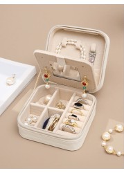 1pc PU Leather Square Jewelry Box Mirror Design Jewelry Storage Case Multifunctional Desktop Organizer Box Removable Compartments Suitable For Rings Earrings Necklaces Lipsticks Makeup Organizer