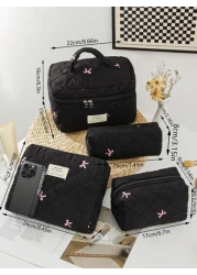 حقيبة مكياج مجموعة مبطنة بالقطن مطرزة بالفيونكة للنساء ، حقيبة تجميل للسفر مع مقبض ، حقيبة لتخزين التامبون وا