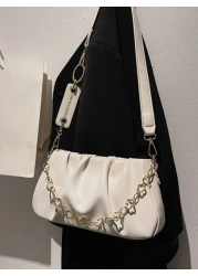 CONTAINEVERY Fashionable Moire Chain Decor Ruched Bag Classic Carryalls Latest Stylish Cloud Sling Bag With Chain Handle And Detachable Strap Beige For Women Rookies White Collar Workers For Teacher G