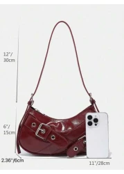 1pc Vintage Wine Red Patent Leather Y2K Gothic Style Shoulder Bag With Rivet Decoration For Women Suitable For Daily Use And Travel Tready Crescent Moon Bag For Women Fashionable Burgundy Bag Retro In