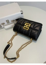 1pc Solid Color PU Shoulder Bag For Women Fashionable Diamond Shape Embroidery Pattern Square Bag With Metal Chain Strap And Lock Closure Perfect For Shopping Dating Gifts For Teen Girls College Stude