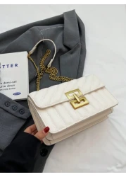 1pc Ladies Embroidery Striped Fashionable Lock Closure Square Bag Purse With Colorful Chain Suitable For Dating And Gift