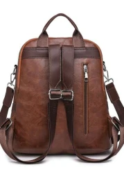 Fashionable Backpack Vintage Style Large Capacity Casual Synthetic Leather Adjustable Shoulder Straps Zip Closure Polyester Lining Embossed Line Detail Suitable For Daily Commute