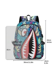 Men s Stylish Shark Mouth Print Backpack Shoulder Bag Contrast Color Letter Leaf Print Versatile College Bookbag All Over Random Print Large Capacity Lightweight Nylon Travel Bag Water Resistant Fits