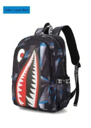 Unisex Fashion Shark Mouth Print Backpack Shoulder Bag Contrast Blue Lightning Graphic School Laptop Bag With Adjustable Strap Random All Over Printed
