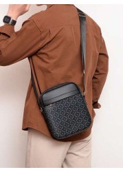 A Fashionable Men s Business PU Bag With PVC Leather Material Small Square Bag Shoulder Crossbody Bag Mobile Phone Bag Coin Purse Brand Print Metal Zipper Adjustable Shoulder Strap Fine Stitching Stor