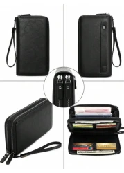 محفظة رجالية مانعة للقراءة لأجهزة RFD ذات لون أحادي بسيط مع معصم، حقيبة يد مصنوعة من جلد صناعي عصري مفرغة ذات طب