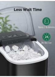 Portable Ice Maker for Countertop, 9 Ice Cubes in 6 Mins, 26lbs Ice/24H, Self-Cleaning, with Ice Spoon &amp; Basket, Ideal for Home, Kitchen, Office, Camping