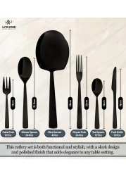 LIFE SMILE Cutlery Set, 18/10 Pure Stainless Steel Flatware Set with Stand, Rust Proof &amp; Fade Proof Dinnerware Set (SHINE BLACK, 88 Pieces)
